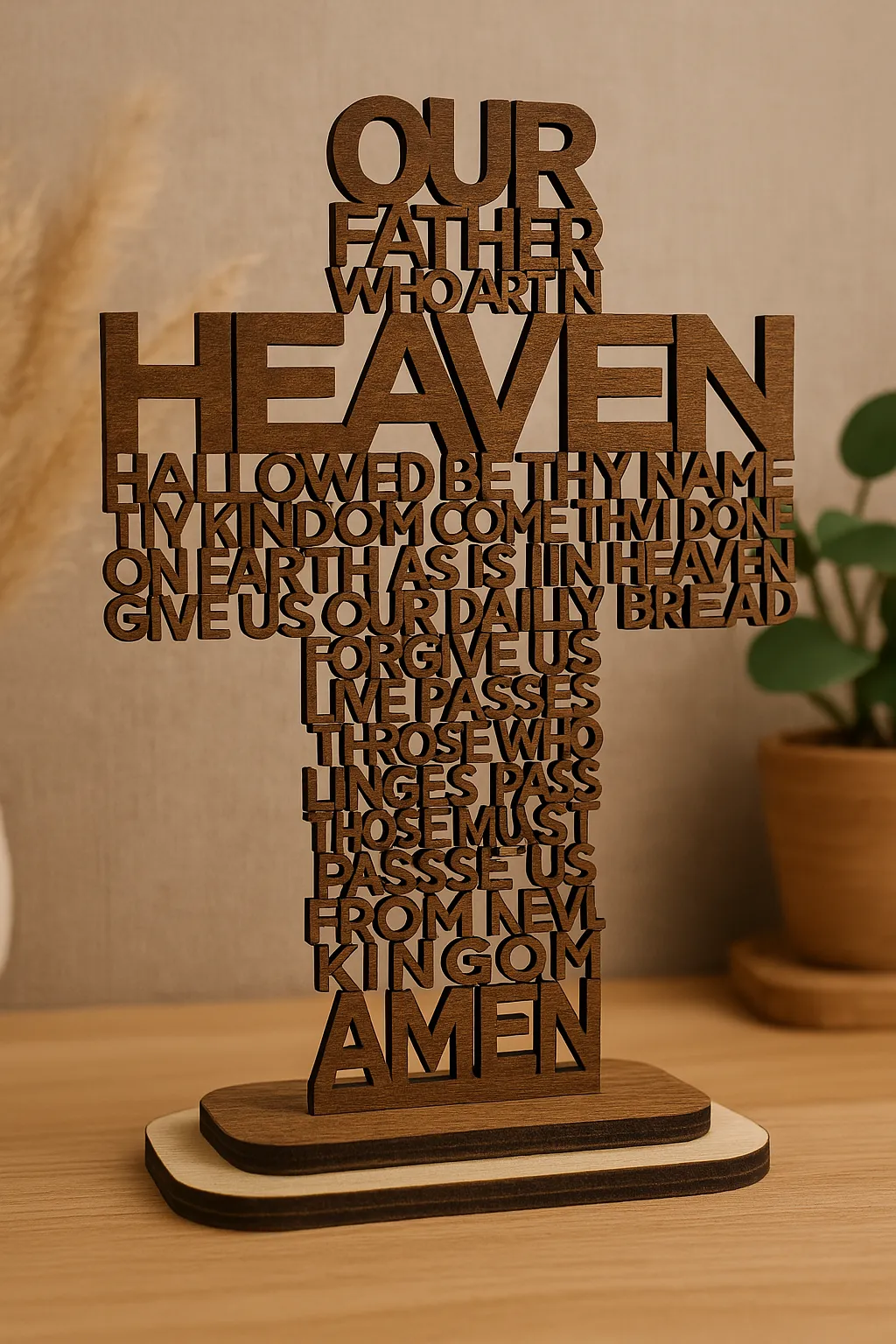 Handcrafted wooden cross with laser-engraved Lord's Prayer